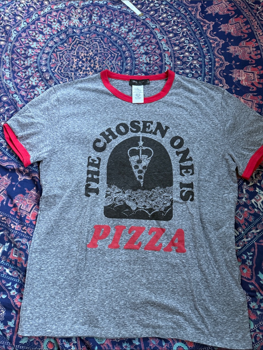 The Chosen One Is Pizza Graphic Ringer Tee - Gray with Red Trim
